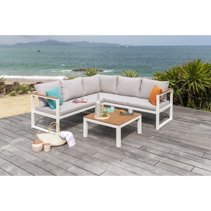Salon De Jardin En Métal Et En Bois Deucalyptus 5 Personnes Palma Gris Et Blanc