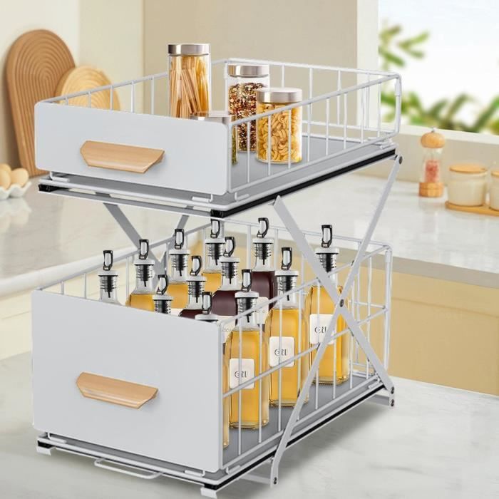 Étagère à Épices Extensible 2 Étages AHOMSEL - Hauteur Réglable Avec Autocollant Pour Cuisine Et Placard