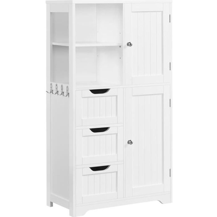 Yaheetech Armoire Rangement Salle de Bain 3 Tiroirs 2 Casiers 4 Crochets 2 Placards Étagère Réglable en Hauteur 60 × 30 × 107 cm