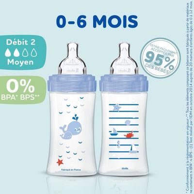 Biberon Dodie 330ml Tétine Multi-Perforée Anti-Coliques - Bleu - Dès 6 Mois