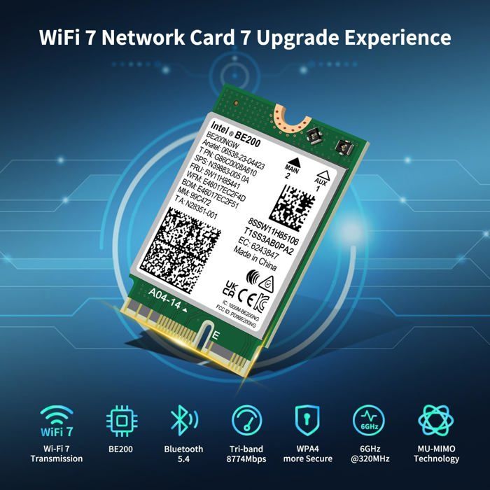 Carte WiFi 7 BE200NGW M.2 | BT 5.4 | 8774 Mbps 6 GHz 320 MHz | MU-MIMO | Compatible Windows 10/11