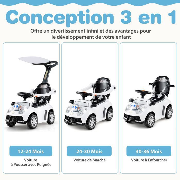 DREAMADE Porteur Enfant,racteur avec Remorque Détachable&Rateau&Pelle,Voiture Enfants 18 Mois à 3 Ans avec Klaxon&LED pour Garçons Filles