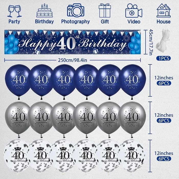 40 ans Decoration Bleu Or Extra Longue Banderole Joyeux Anniversaire Bleu  Or Ballons, 40 ans Deco