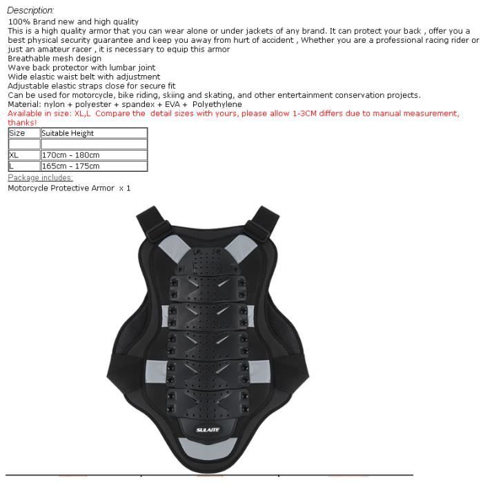 Gilet protection dorsale, Protection Dorsale Moto Protection, Adjustable  Technologie Fit, pour Ski/Snowboard(L) - Cdiscount Sport