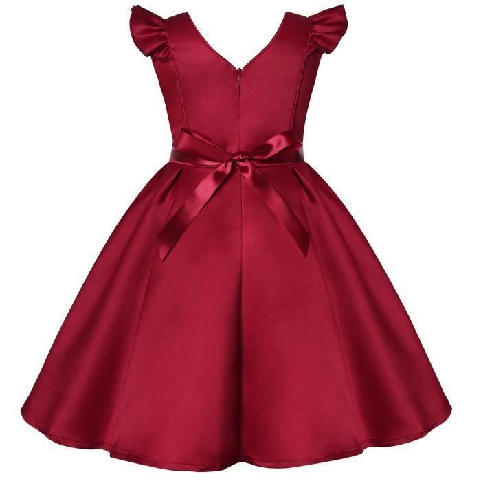 Robe Princesse Cérémonie Fille Paillettes Sans Manches Robe de Mariage Avec  Ceinture Noeud Papillon Rouge