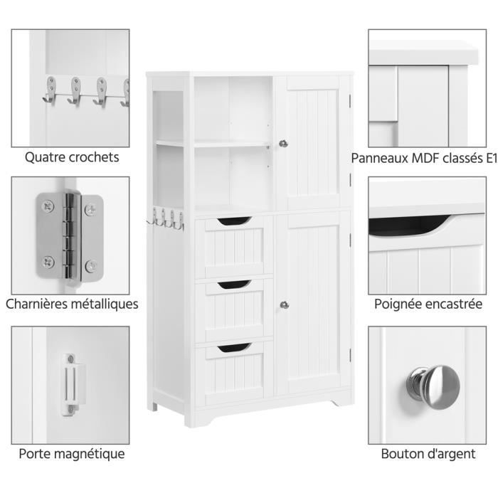 Yaheetech Armoire de salle de bain avec 3 tiroirs et 2 portes, avec étagères réglables et 1 étagère ouverte, meuble d'appoint pour salle de bain/couloir Blanc Yaheetech Armoire de salle de bain avec 3 tiroirs et 2 portes, avec étagères réglables et 1 étagère ouverte, meuble d'appoint pour salle de bain/couloir Blanc