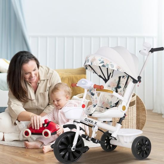 OHMG Tricycle bébé évolutif,4 en 1 Vélo de Marche vélo pour Enfants,Draisienne Évolutif,Siège réversible,Trike Bebe,Velo Poussette Bebe Évolutif,Auvent Rabattable et Pédales Amovibles (A-Blanc