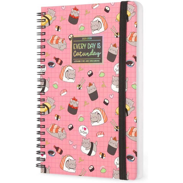 Agenda Photo Hebdomadaire 2025-2026 Legami Sushi Cat Medium 16 Mois - 12x18cm, Papier FSC, Fermeture Élastique