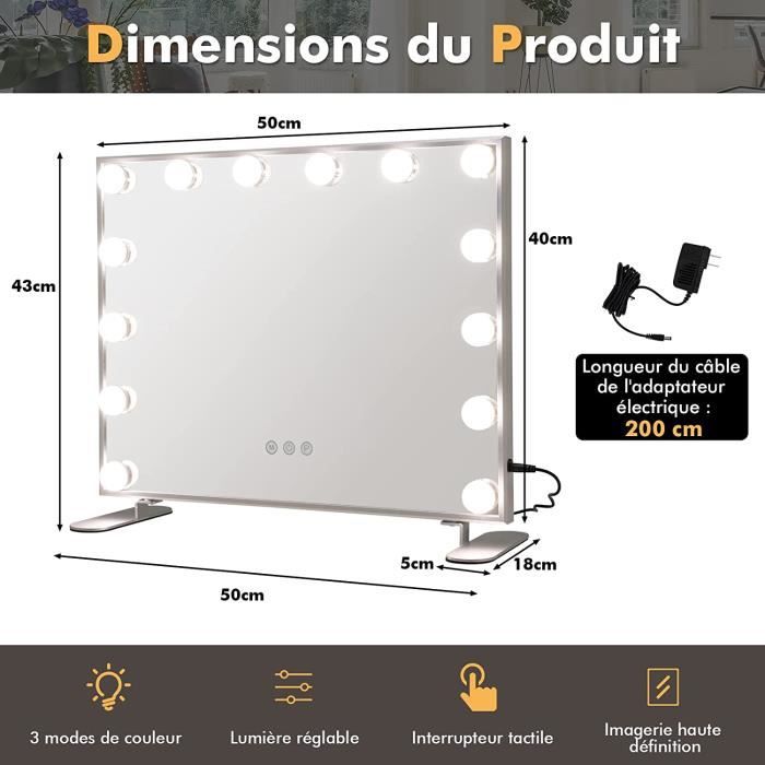 COSTWAY Hollywood Make-up Spiegel met Verlichting, Kapspiegel met 18 Dimbare LED Lampen, 3 Lichte Kleuren en 4 Helderheid, Make-up Spiegel met Extra Vergrotende Spiegel, Tafelblad & Wandgemonteerd