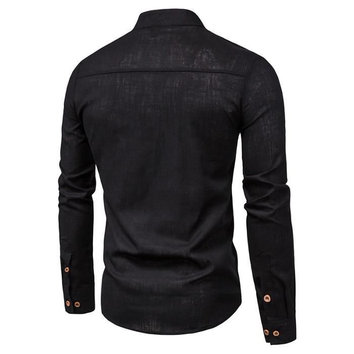 FUNMOON Chemise Homme Marque Luxe En Lin Couleur Unie Manche