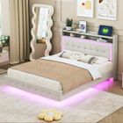 SWEIKO Lit adulte Lit rembourré 140x200 avec prise USB et lumière LED lit design pieds cachés lit double plat lin beige