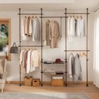 SoBuy Portant à Vêtements Télescopique Penderie Ouverte Réglable avec Tringles et Étagères, Porte-Manteau Dressing, Marron