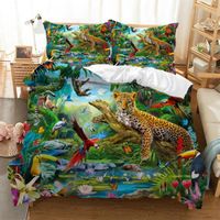 Léopard perroquets dans la forêt tropicale Parure de lit 3D 2 personnes 1 housse de couette 200*200cm + 2 taies d'oreillers 63*63cm