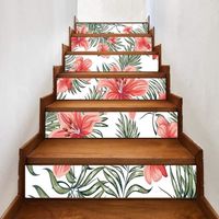 Autocollants d'escalier Auto-adhésifs 3D Fleur Rose Avec Fond Blanc Botanique Feuille Verte Vinyle Imperméable Contremarche d'escali