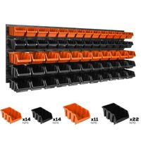 Lot de 61 boîtes XS et S bacs a bec orange et noir pour système de rangement 115 x 39 cm au garage