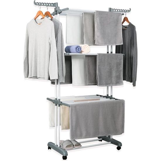 Séchoir à Linge Multifonction Tour Pliable 30M WILLIS 3 Niveaux Couleu Noir Et Bois