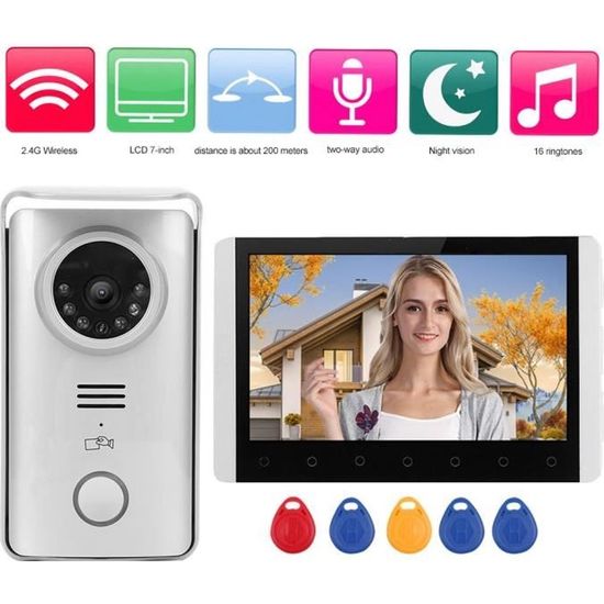 Interphone vidéo sans fil 2.4G 7 pouces TFT LCD sonnette RFID kit d'interphone visuel de vision nocturne 100-240 V(EU )-YIN