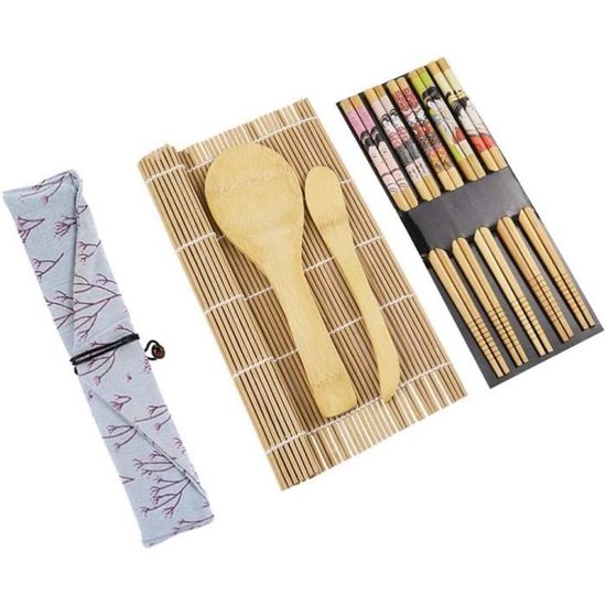 SQAQS Kit Sushi Maker Complet 14 Pièces - Bazooka à Sushi + Tapis Bambou + Accessoires - Idéal Débutants Avec Coffret Cadeau