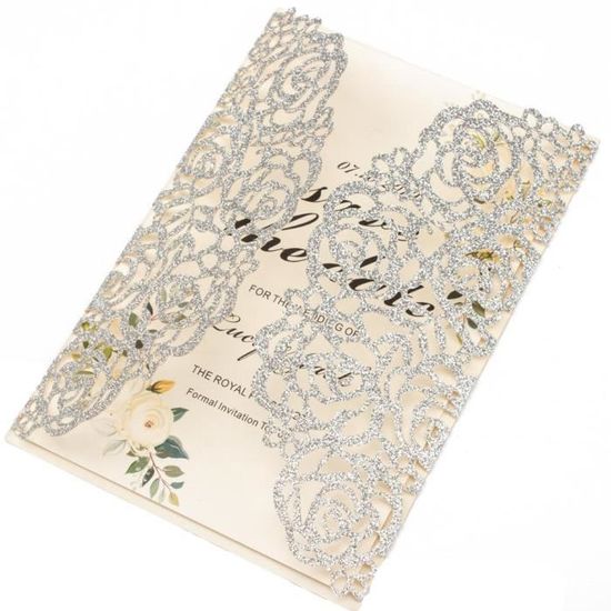 20 Cartes D'Invitation Mariage Avec Ruban Bowknot - Découpe Laser Et Paillettes Champagne - Cadeau Fête