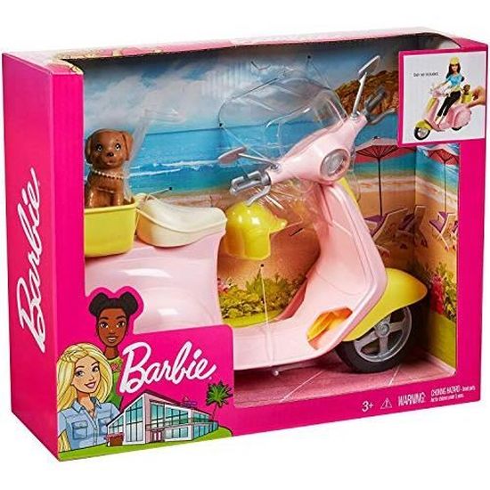 moto rose pour poupées FRP56 fournie avec casque et panier jaune et figurine de chien jouet pour enfant Barbie Mobilier Scooter