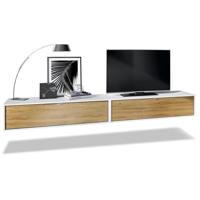 Vladon Ensemble de 2 set meuble TV Lana 120 armoire murale lowboard 120 x 29 x 37 cm caisson en Blanc mat façades en Chêne Nature