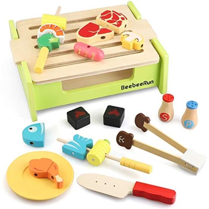 Docteur R3LNV Jouet de nourriture en bois, ensemble de jeu pour barbecue 23 pièces, ensemble de cuisine pour jeu de simulation, cuis