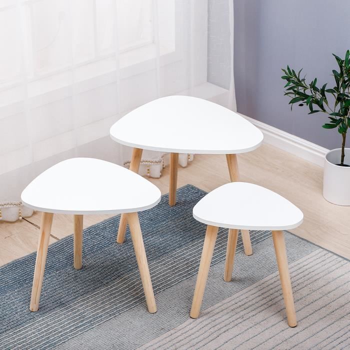 Laizere° Lot de 3, Tables Basse Style Scandinave, Pieds en bois massif, Blanc,