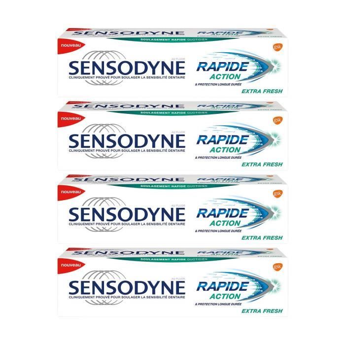 Sensodyne Dentifrice Rapide Action Extra Fresh, Soulagement Rapide, Goût Mentholé, 75 ml, Lot de 4