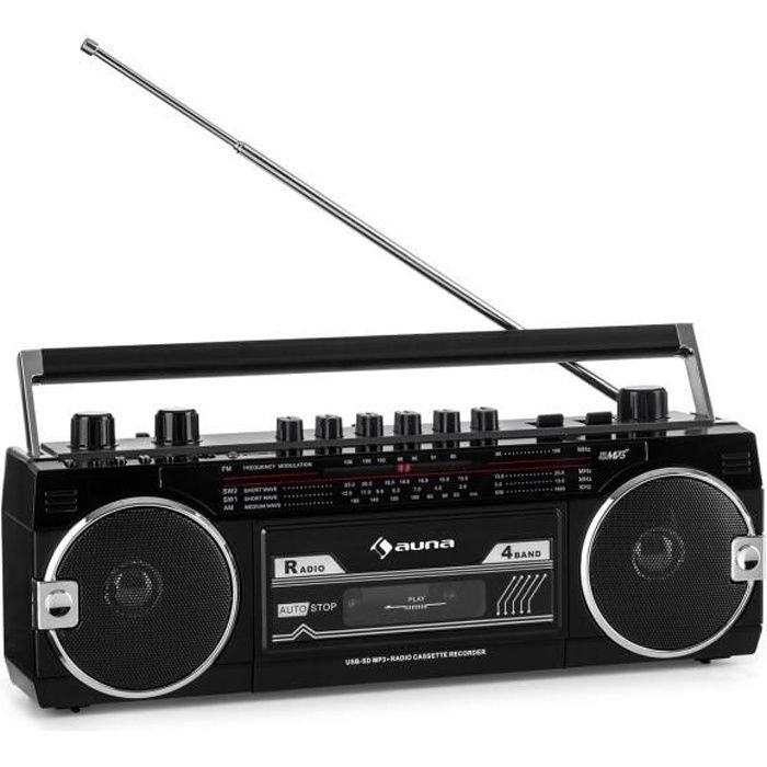 Radio cassette - auna Duke MKII - avec radio FM , lecteur K7 USB SD et BT - antenne télescopique - noir