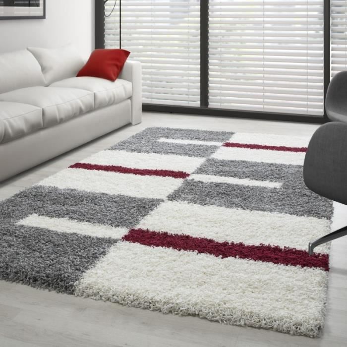 Tapis Gala Shaggy designe pile longue Gris-Blanc-Rouge (140x200 cm)