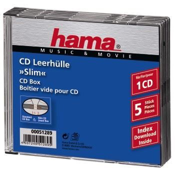 Boîtier CD Slim, lot de 5, Transparent/Noir