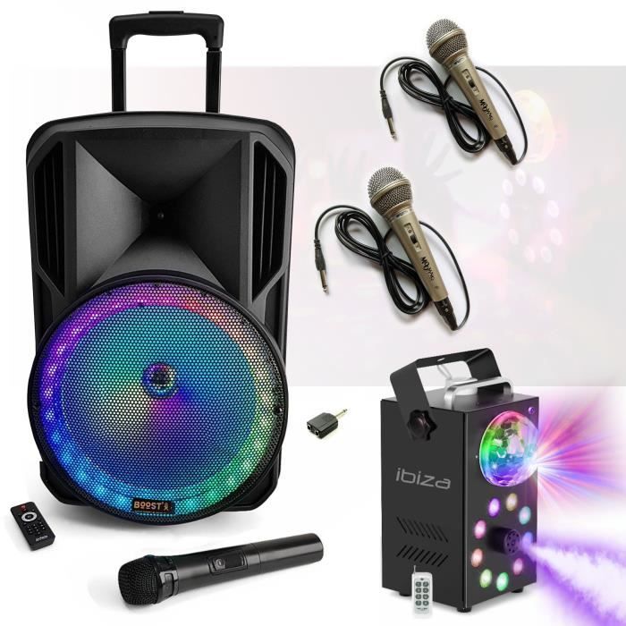 Pack Enceinte Karaoke Lecteur CD Bluetooth USB Highpower 350W LED - Système 4 Micros sans fil - Soirée Anniversaire