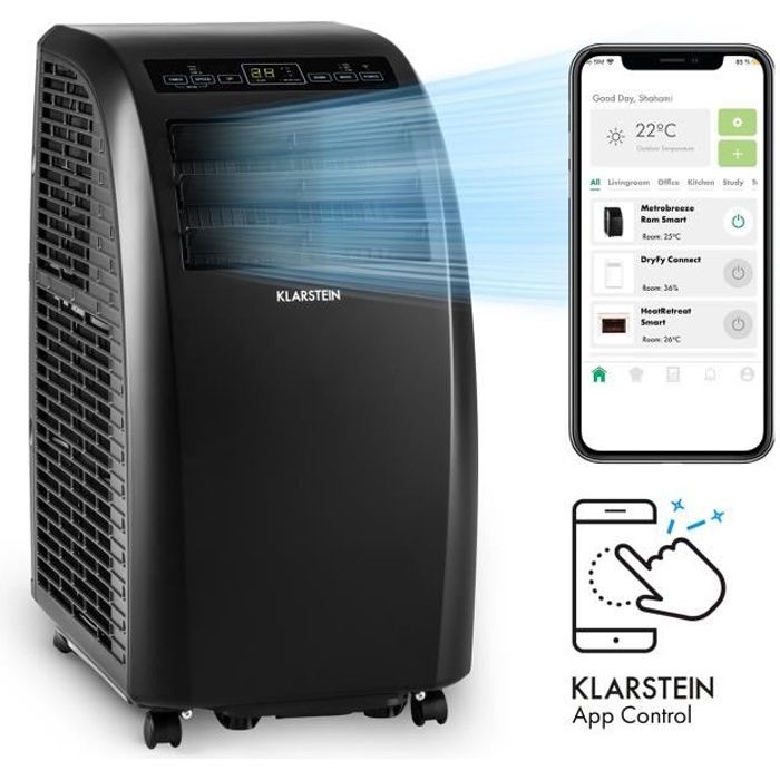 Klarstein Metrobreeze Rome Smart 10k - Climatiseur mobile connecté 10000 BTU-3kW - pour 29 à 49 m² - Classe A - Noir