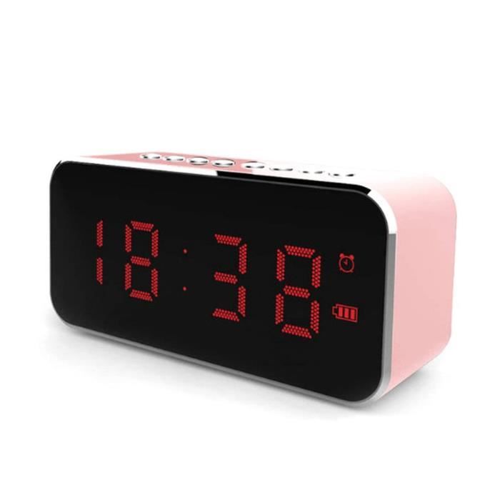Réveil de surface de miroir LED Lecteur de haut-parleur sans fil radio FM, rose