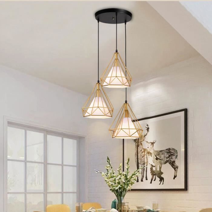 Lot de 3 Suspension Cage forme Diamant Dore Lustre Disque Luminaire E27 Contemporain Salle à Manger,Bar