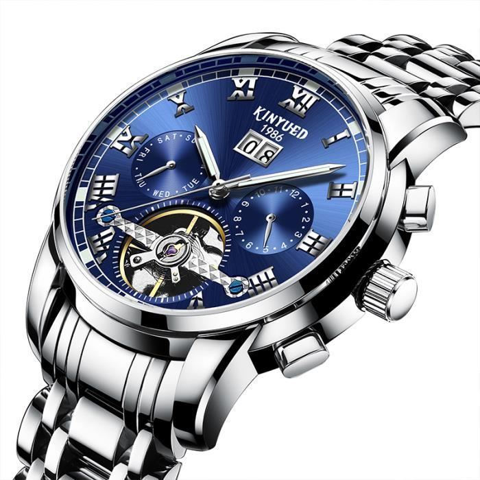 Montre homme mécanique automatique calendrier lumineux cadran saphir bracelet en acier de marque argent bleu sport classique