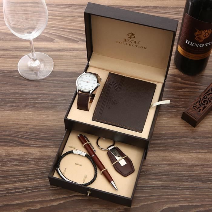 Coffret montre homme + portefeuille + bracelet + stylo + porte-clés - coffret cadeau tiroir cadeau de luxe de haute qualité