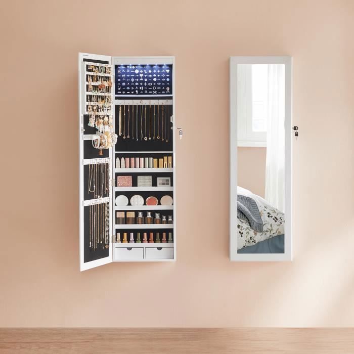 SONGMICS Armoire à Bijoux pour Colliers, Boucles d’Oreilles, avec Miroir, Divers Compartiments, Blanc JBC93W