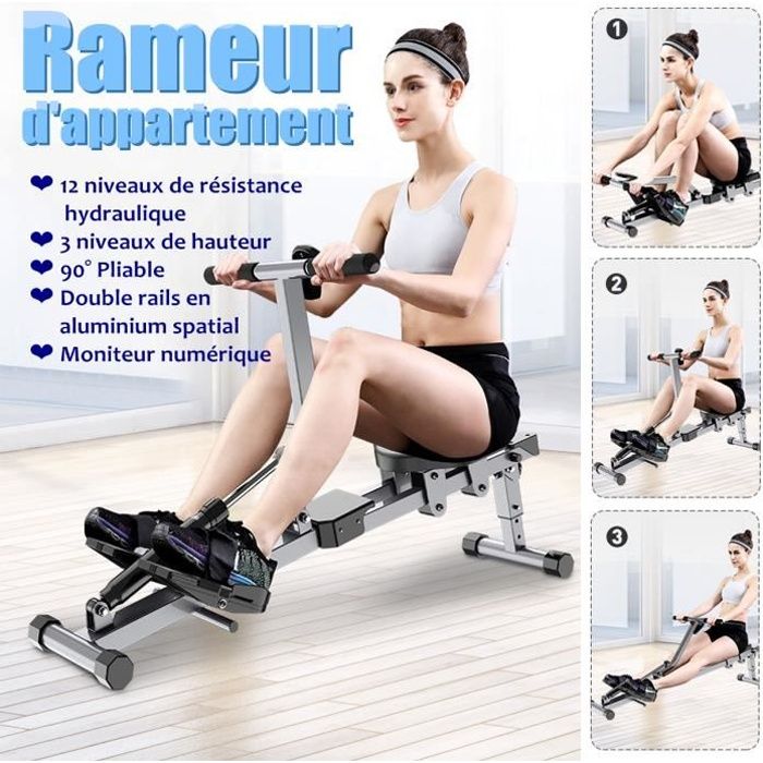 Rameur d'appartement Pliable - Double Rail en Aluminium - Machine à Ramer Résistance Équipement de Fitness Cardio Training