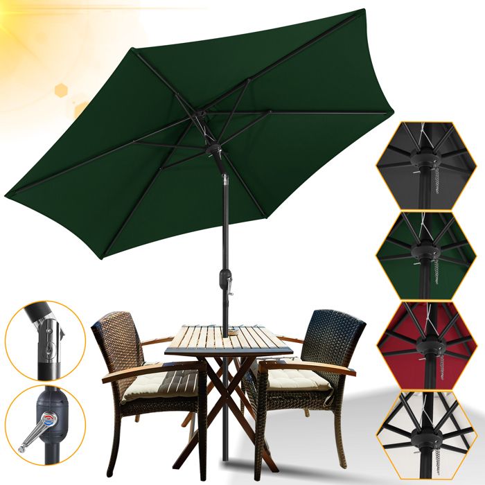 Parasol inclinable 2.70 x 2.45m Protection UV 30+ Vert - LOSPITCH - Pied central - Manuel - Pliant