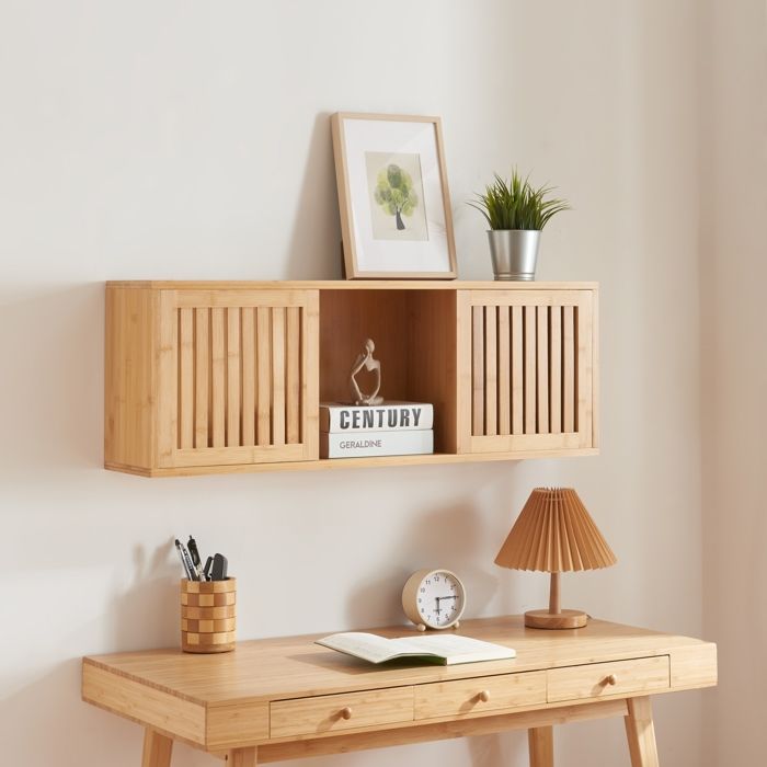 Étagère murale Grums avec 2 portes coulissantes bambou 93 x 20 x 33 cm naturel