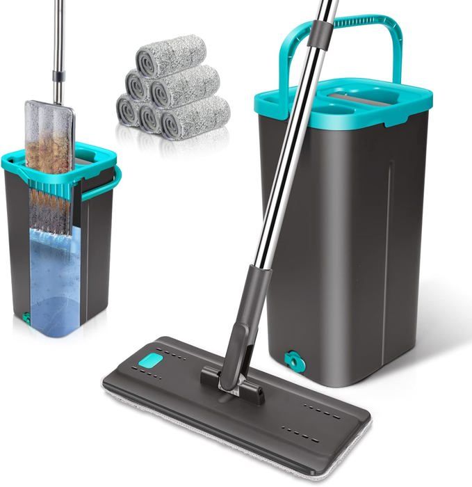 Kit Serpillièr Avec Seau Rotatif 360° – Système Complet Nettoyage Sol Acier Inoxydable + 2 Chiffons Microfibre, Poignée Réglable