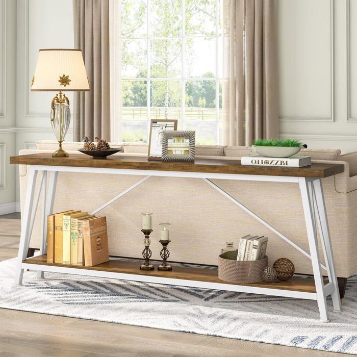 Table Console Tribesigns 140x30x80cm - Style Rustique, 2 Étagères Rangement - Pour Entrée, Salon - Marron