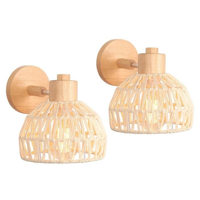 IDEGU 2pcs Applique Murale Intérieure 20CM Lampe Murale Réglable en Bois et Rotin Rétro E27 Luminaire Applique Vintage Rotin Blanc