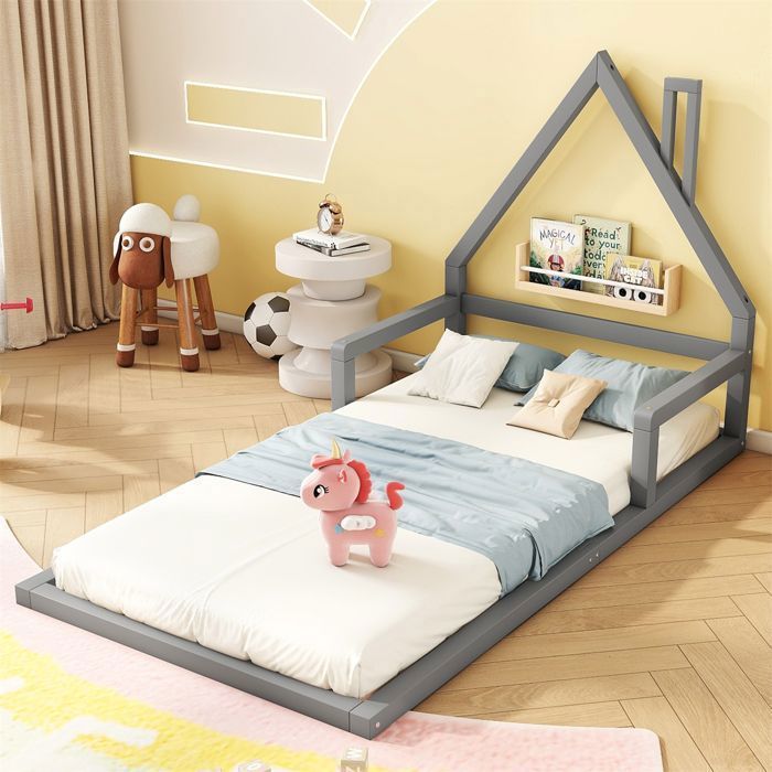Lit Cabane Enfant avec Barriere Lit Enfant Au Sol Montessori 90 x 200cm Cadre de lit en Bois Sommier à Lattes Gris