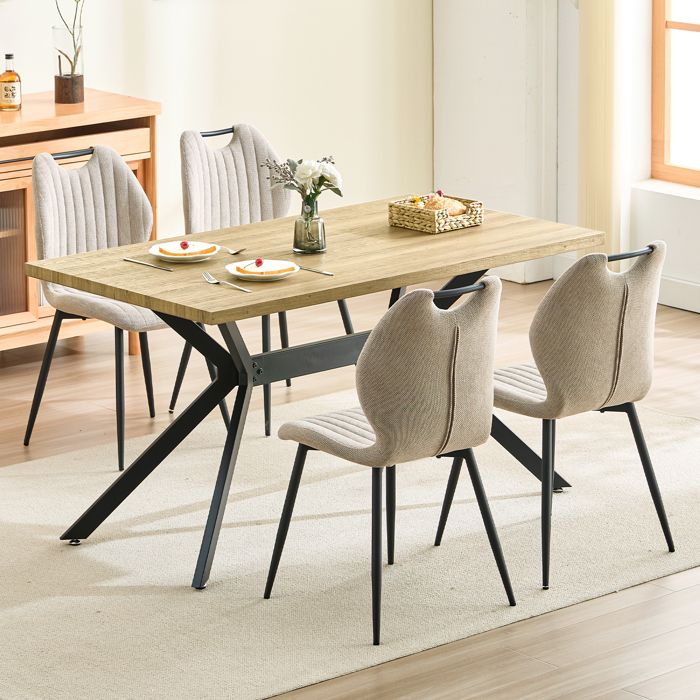 Ensemble table à manger - WAFTING - 140x80x73 cm - 4 chaises kaki - Structure métal & bois clair - Tissu beige
