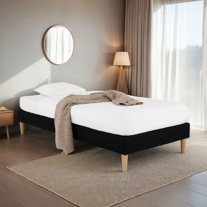 Sommier tapissier PAIMPOL 90 x 190 cm structure en bois et revêtement en tissu noir cadre de lit avec pieds