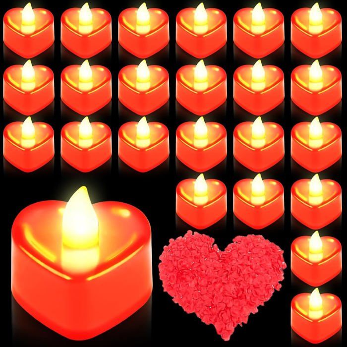 Kit Romantique 24 Bougies LED Cœur + 1000 Pétales Roses - Pour Mariage, Saint-Valentin