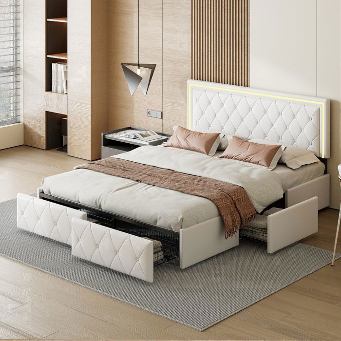 Lit adulte 160x200 cm blanc avec LED intelligente et rangements sommier à lattes (capacité 300 kg)