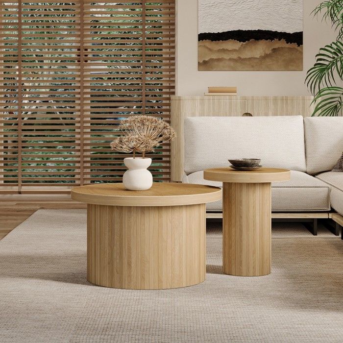 Table Basse Ronde Double Plateau, Chêne Et Bronze, 50x45x56cm, Fait Main